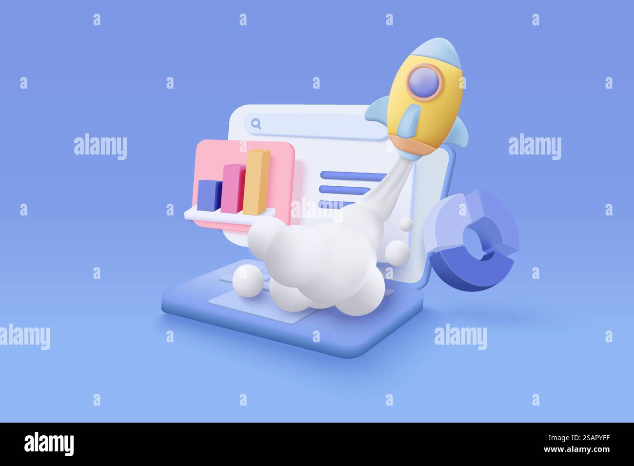 Ottimizzazione SEO 3D con Rocket for Marketing Social Media Concept. Interfaccia per la strategia di analisi Web e la ricerca in ambito notebook. illustrazione del rendering dell'icona vettoriale strategia seo 3d. Illustrazione Vettoriale