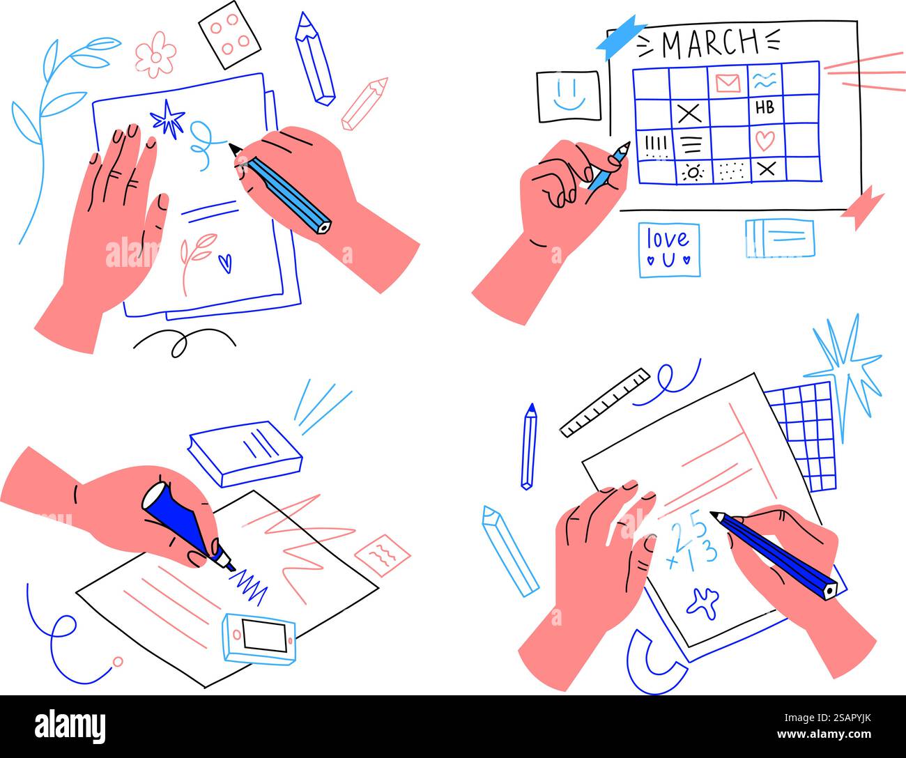 Le mani scrivono su carta. Compilazione di moduli, questionari e documenti cartacei, abstract Human Arms Draw Doodles, calcoli scritti, bracci colorati che contengono matite e penne, set isolato in stile piatto di cartoni animati vettoriali. Le mani scrivono su carta. Compilazione di moduli, questionari e documenti cartacei, abstract Human Arms Draw Doodles, calcoli scritti, bracci colorati per matite e penne, set vettoriale isolato Illustrazione Vettoriale