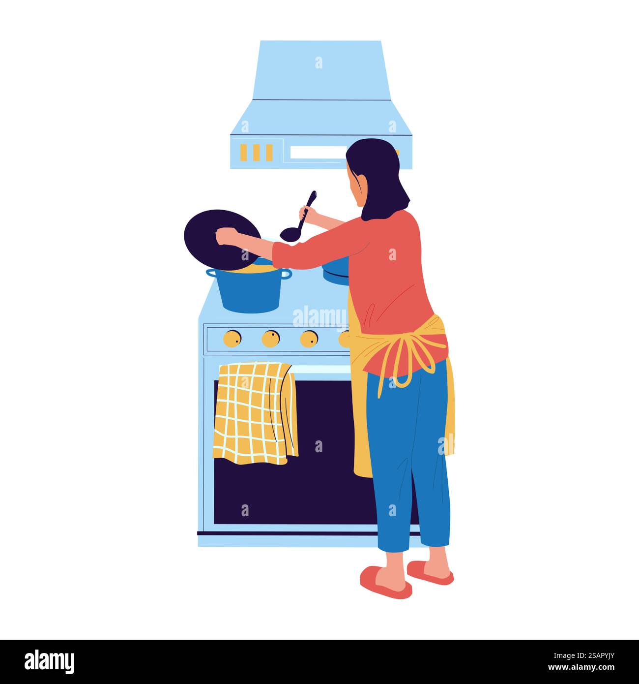 Donna che cucina in cucina. Personaggio femminile dei cartoni animati nel grembiule che prepara la cena. Preparazione degli alimenti per la casa. Forno per uso domestico isolato e cappa da cucina. Mamma che prepara la zuppa sul piano cottura. Pulizia vettoriale. Donna che cucina in cucina. Personaggio femminile dei cartoni animati nel grembiule che prepara la cena. Preparazione degli alimenti per la casa. Forno per uso domestico e cappa da cucina. Madre che prepara la zuppa. Pulizia vettoriale Illustrazione Vettoriale