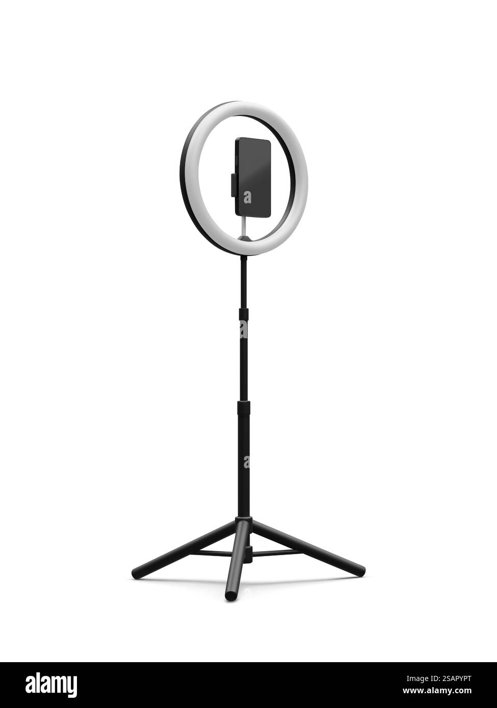 telefono 3d realistico su treppiede con lampadina. Concetto di live streaming. Illustrazione vettoriale. Illustrazione Vettoriale