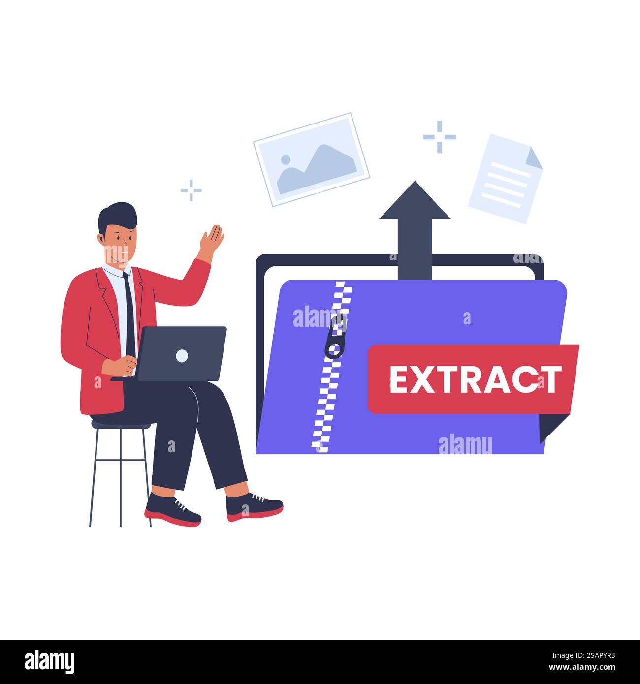 Informazioni sull'illustrazione del file Estrai. file zip. illustrazione vettoriale piatta Illustrazione Vettoriale