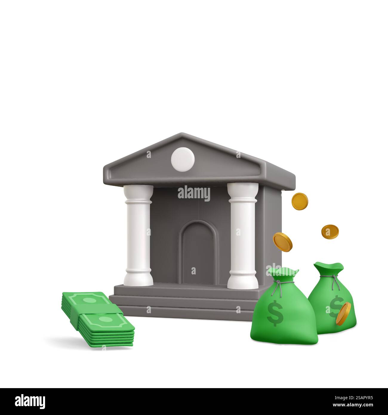 Edificio bancario con monete d'oro, pila di soldi e borsa dei soldi in stile cartoni animati realistico. banner e poster realistici 3d per le attività bancarie. Illustrazione vettoriale. Illustrazione Vettoriale