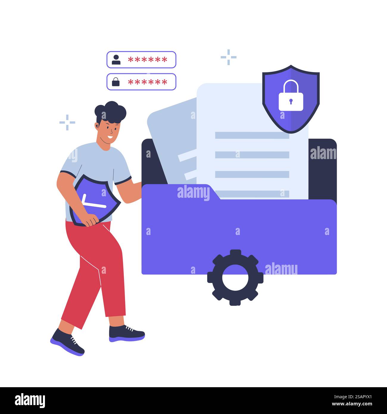 Illustrazione del concetto di protezione dei file. Informazioni sui file di protezione dell'accesso. illustrazione vettoriale piatta Illustrazione Vettoriale