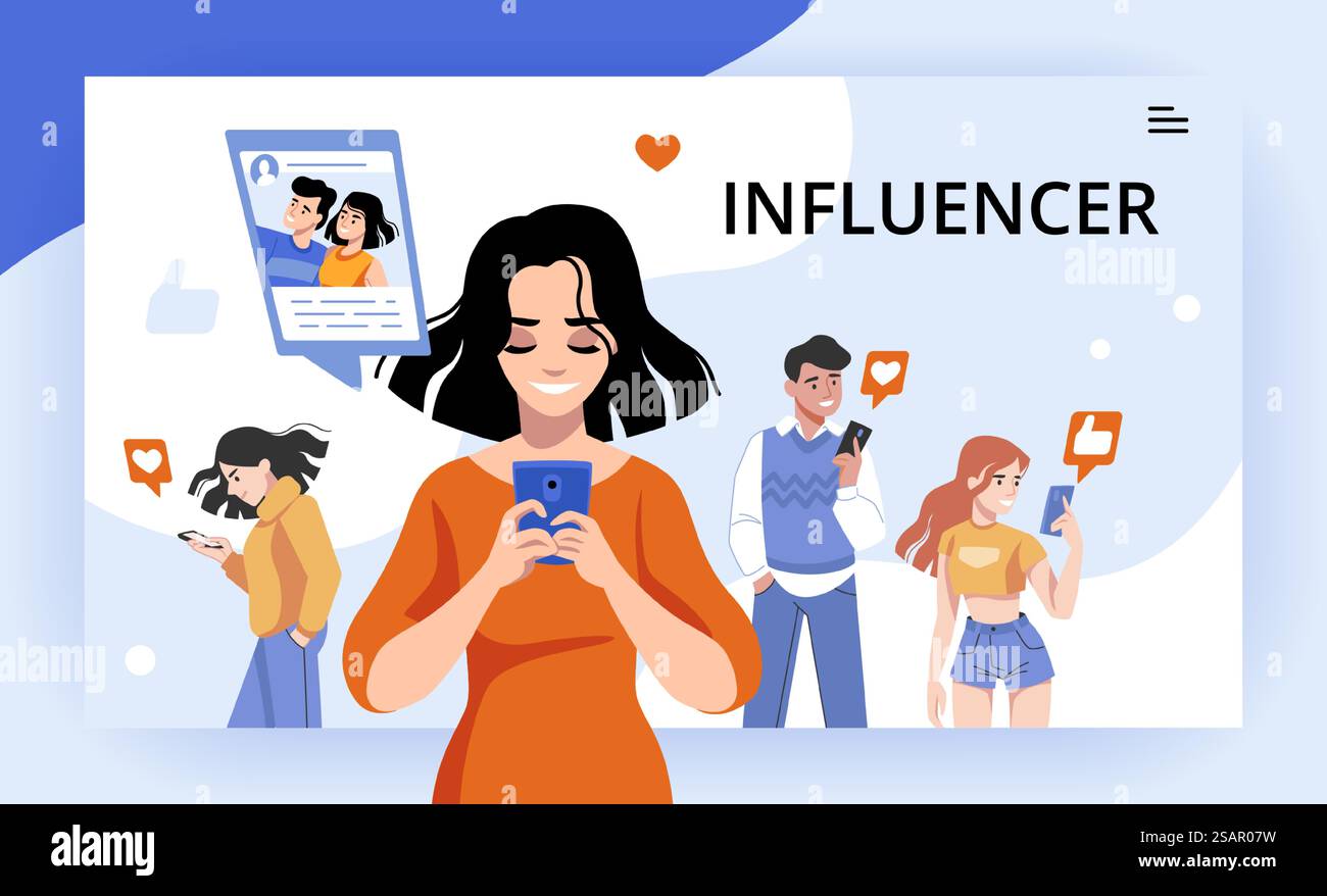 Influencer. Campagna di marketing digitale, post sui social e contenuti di rete famosi, influenza di opinion leader. I cartoni animati da uomo o donna con smartphone fanno clic sul pulsante mi piace. Concetto di potenziali clienti vettoriali. Influencer. Campagna di marketing digitale, post social e contenuti di rete, influenza di opinion leader. Gli uomini o le donne con smartphone fanno clic sul pulsante mi piace. Concetto di potenziali clienti vettoriali Illustrazione Vettoriale