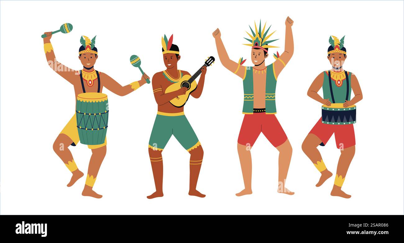 Set di ballerini brasiliani maschili di samba. Uomo in costume da carnevale. Illustrazione vettoriale piatta Illustrazione Vettoriale