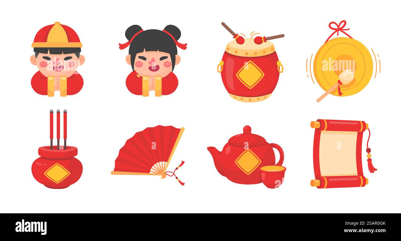 Collezione di elementi per le celebrazioni del Capodanno cinese Illustrazione Vettoriale