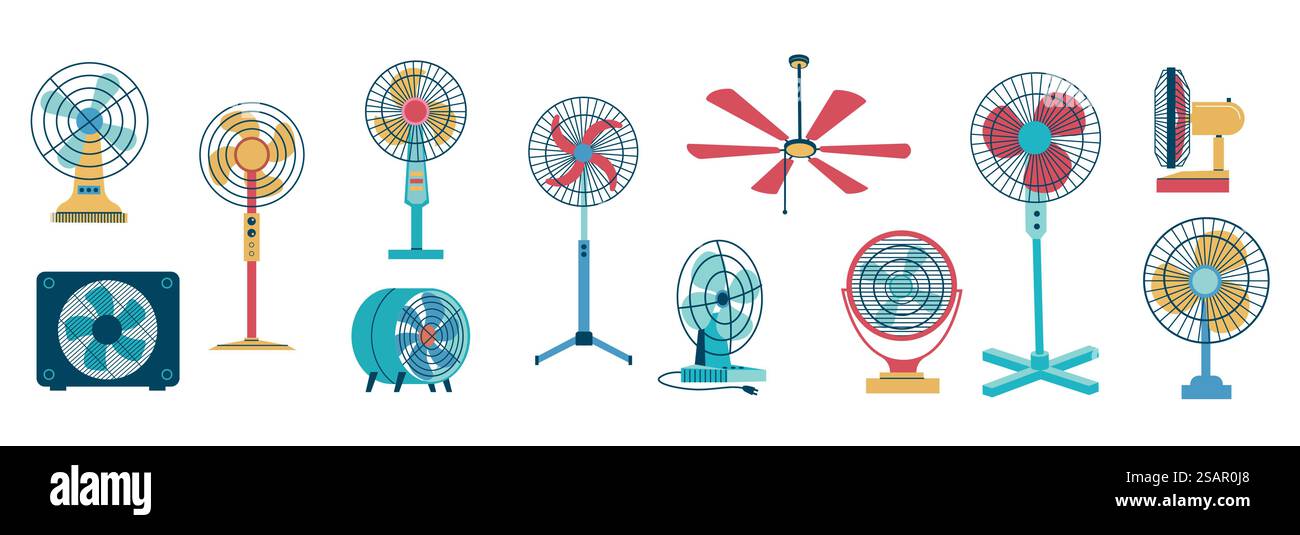 Ventola elettrica. Soffiatore d'aria per uso domestico e per ufficio con lame. Pavimento di raffreddamento e macchina rotante da tavolo. Dispositivi di condizionamento per montaggio a soffitto. Set di apparecchiature per la ventilazione elettrica domestica con isolamento vettoriale. Ventola elettrica. Soffiatore d'aria per uso domestico e per ufficio con lame. Pavimento di raffreddamento e macchina da tavolo. Dispositivi di condizionamento per montaggio a soffitto. Set di apparecchiature di ventilazione elettrica per uso domestico vettoriale Illustrazione Vettoriale