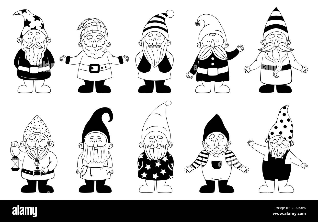GNOME. Cartone animato divertente nano nordico. Elfi scandinavi bianchi e neri con gesti di saluto. Set di personaggi fiabeschi isolati. Piccoli uomini barbuti in cappelli che ondeggiano le mani. Giocattolo vettoriale da giardino. GNOME. Cartone animato divertente nano nordico. Elfi scandinavi bianchi e neri con gesti di saluto. Set di personaggi fiabeschi felici. Gli uomini barbuti in cappello ondeggiano le mani. Giocattolo vettoriale da giardino Illustrazione Vettoriale