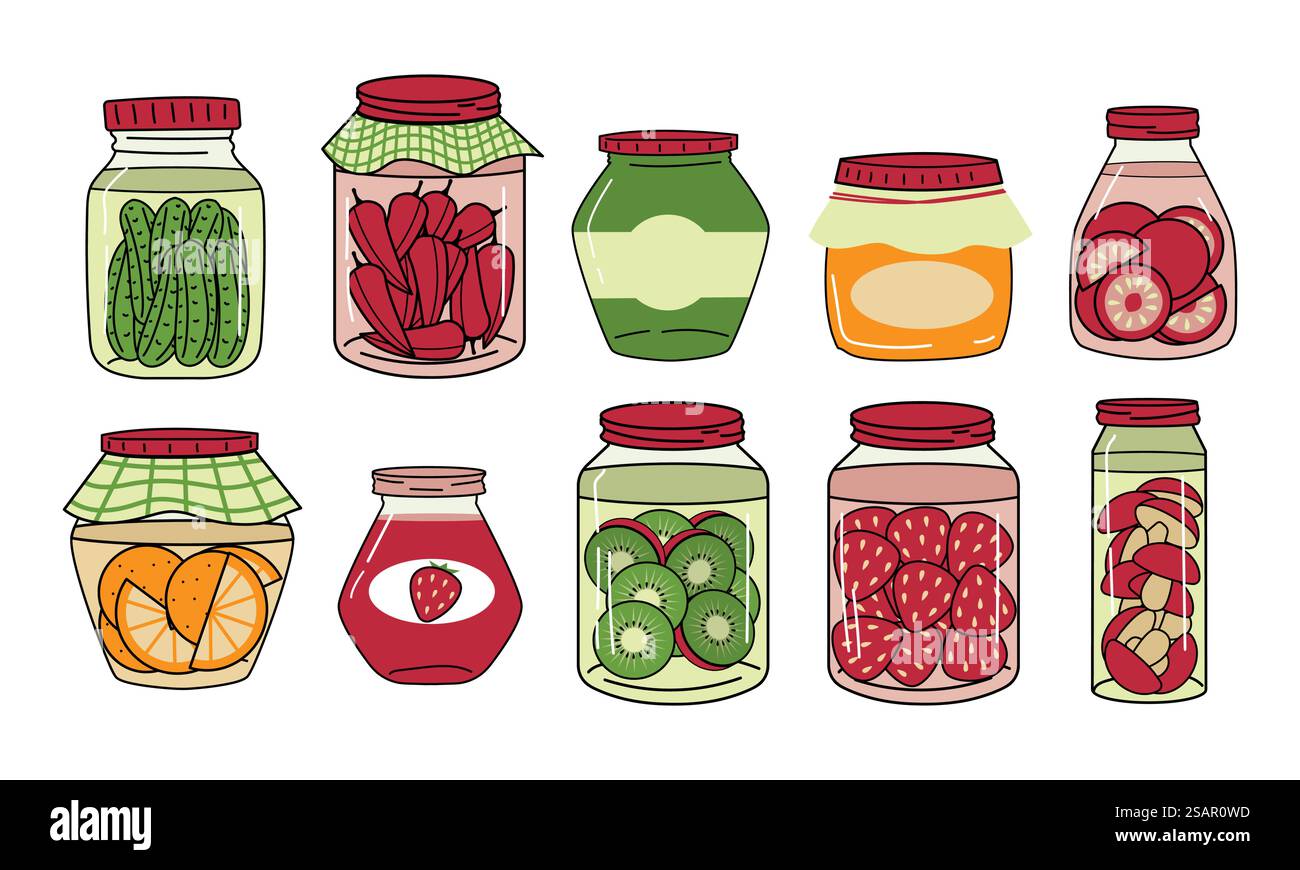 Conservare il cibo. Vaso di vetro con marmellata di gelatina dolce o miele. Marmellata di frutta e frutti di bosco. Prodotti per la conservazione. Lattine per verdure sottaceto o funghi. Contenitori per la conservazione della spesa. Menu vettoriale per cartoni animati. Conservare il cibo. Vaso di vetro con marmellata dolce o miele. Marmellata di frutta e frutti di bosco. Prodotti per la conservazione. Lattine per verdure sottaceto o funghi. Contenitori per la conservazione della spesa. Menu vettoriale Illustrazione Vettoriale