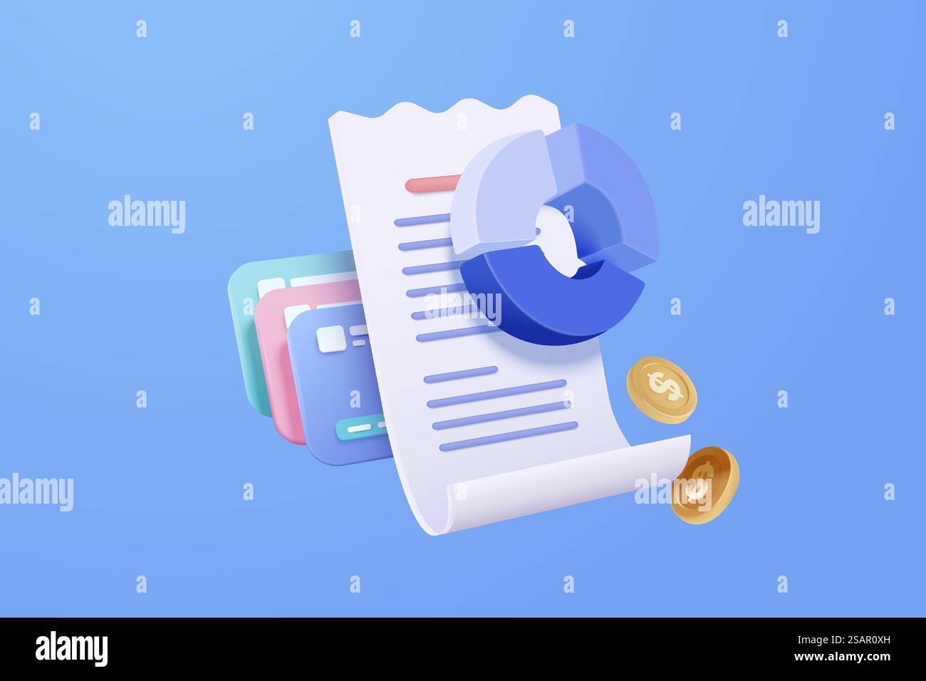 Pagamento di fatture in 3D con carta di credito e servizi finanziari per lo shopping online, pagamento con carta di credito con avviso orologio. Transazione fattura con moneta. illustrazione del rendering dell'icona del vettore di ricezione 3d. Illustrazione Vettoriale