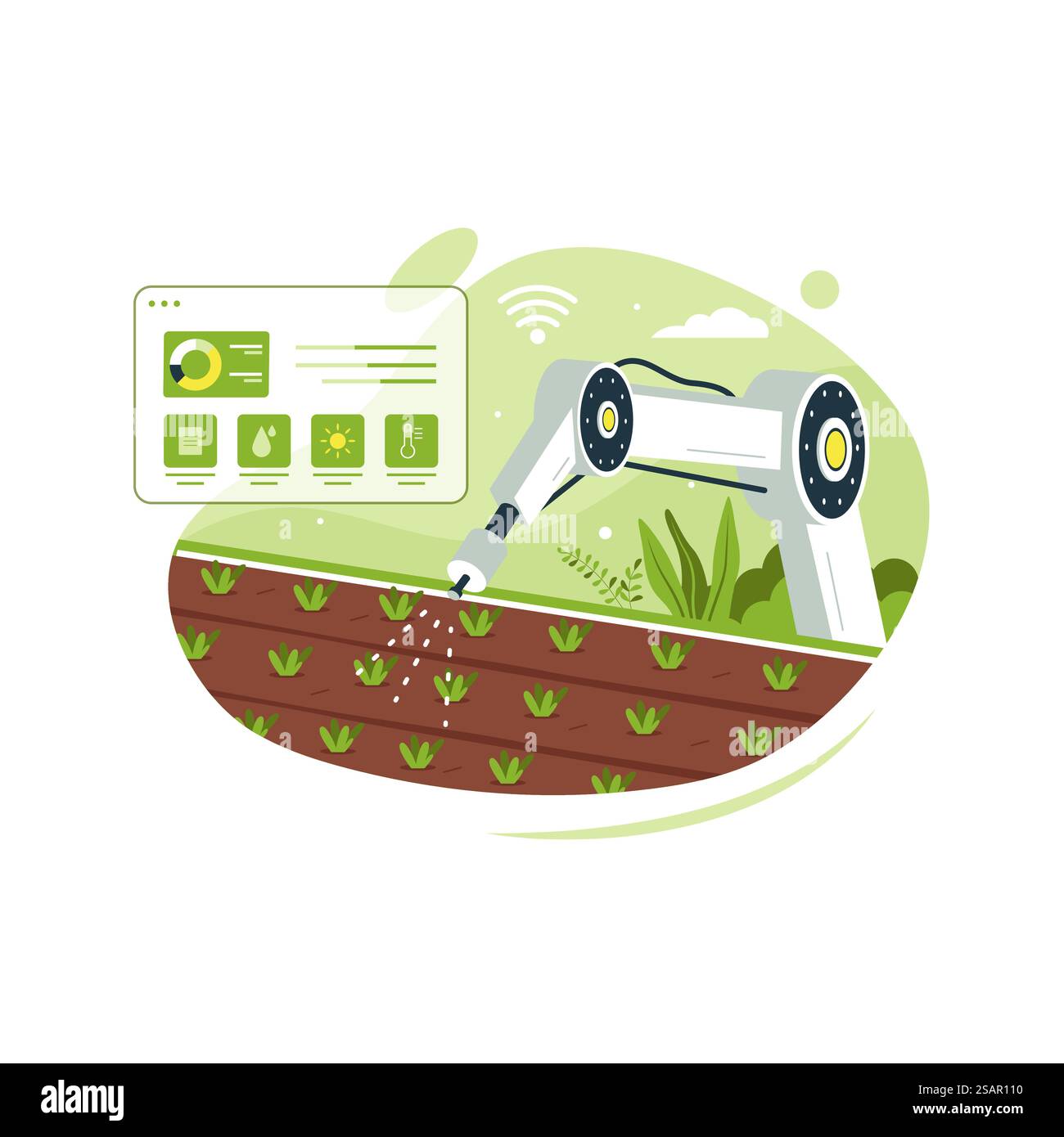 Concetto di tecnologia agricola intelligente e agricola. Automazione agricola e robotica. Illustrazione vettoriale concetto piatto Illustrazione Vettoriale