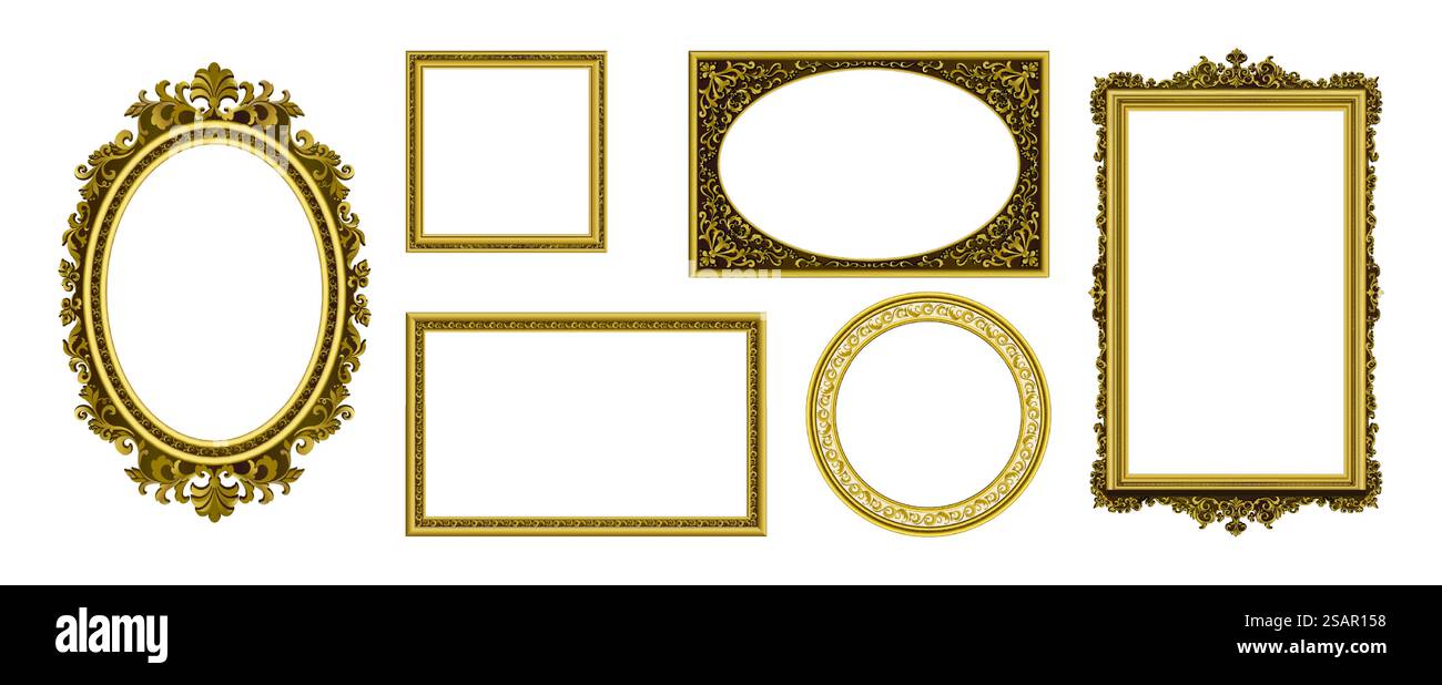 Cornici dorate. Bordo foto vintage. Decorazione antica del museo reale con ornamenti di lusso. Strutture d'oro isolate e vuote. Modello per mobili di alta qualità. Set di elementi interni Vector retro. Cornici dorate. Bordo foto vintage. Decorazione antica del museo reale con ornamenti di lusso. Strutture isolate d'oro. Modello per mobili di alta qualità. Set di elementi interni vettoriali Illustrazione Vettoriale