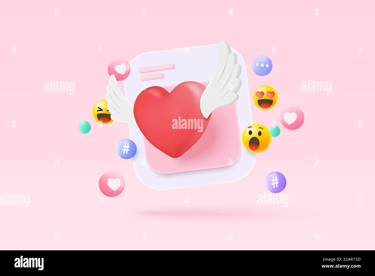 Concetto di piattaforma online di social media 3D, comunicazione social online su applicazioni, cornice fotografica con icona emoji cuore e amore, come e gioca con icone a bolla rossa. concetto di rendering vettoriale cardiaco 3d. Illustrazione Vettoriale