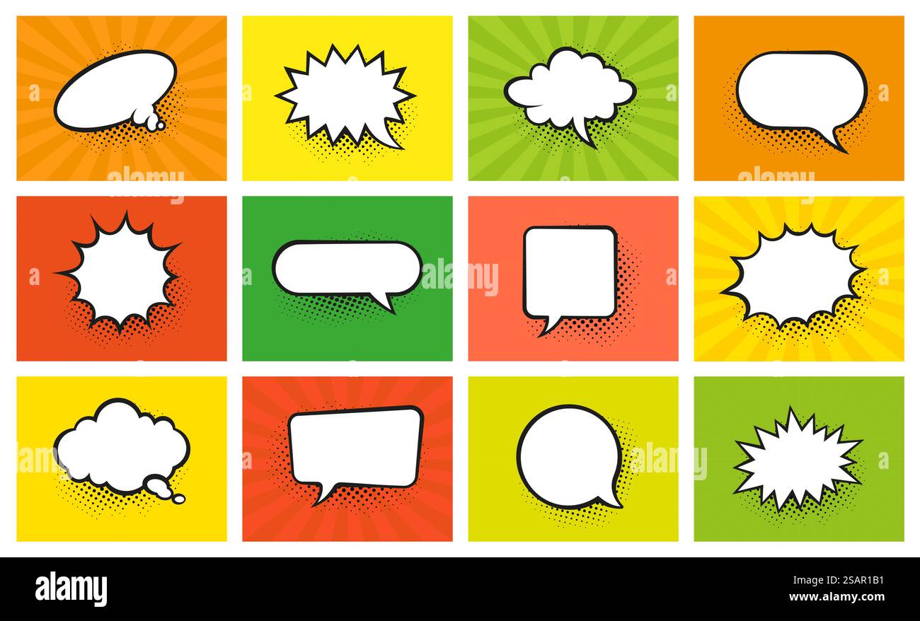 Sfondo fumetti. Fumetto di dialogo Cartoon. Testo splash e con effetto esplosione rétro. Cornici vuote per la comunicazione dei contorni o la grafica di pensiero. Set schede vuote espressione stilizzata vettoriale. Sfondo fumetti. Fumetto di dialogo Cartoon. Testo splash e con effetto esplosione rétro. Comunicazione o pensare a frame vuoti. Set schede vuote espressione stilizzata vettoriale Illustrazione Vettoriale