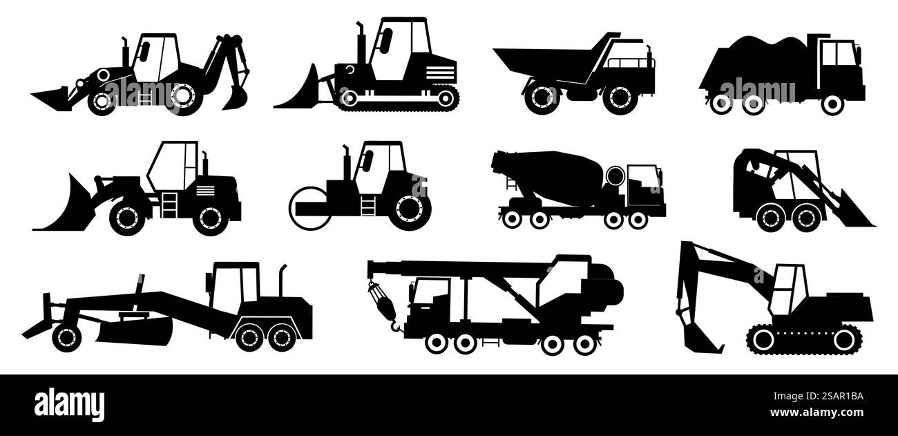 Veicoli da cantiere neri. Icone di silhouette per veicoli industriali pesanti. Set di trasporto per lavori di terra, sollevamento e trasporto. Bulldozer isolato o autocarro da carico. Escavatore vettoriale e gru. Veicoli da cantiere neri. Sagome per veicoli industriali pesanti. Set di trasporto per lavori di terra, sollevamento e trasporto. Bulldozer o autocarro da carico. Escavatore vettoriale e gru Illustrazione Vettoriale