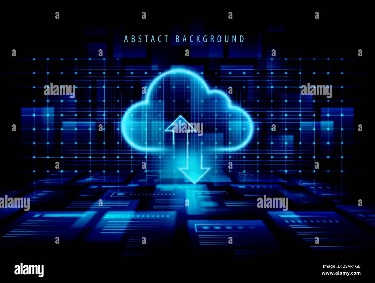Background del data center astratto. Informazioni digitali con la luce del database cloud. Tecnologia di storage cloud per il warehouse di dati. Concetto di servizio di hosting. Spazio futuristico con tecnologia digitale. Illustrazione Vettoriale