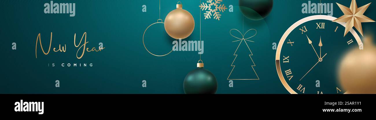 Striscione orizzontale felice anno nuovo con orologio dorato. Orologio con numeri romani e conto alla rovescia a mezzanotte, per Capodanno. Vacanze invernali. Illustrazione Vettoriale
