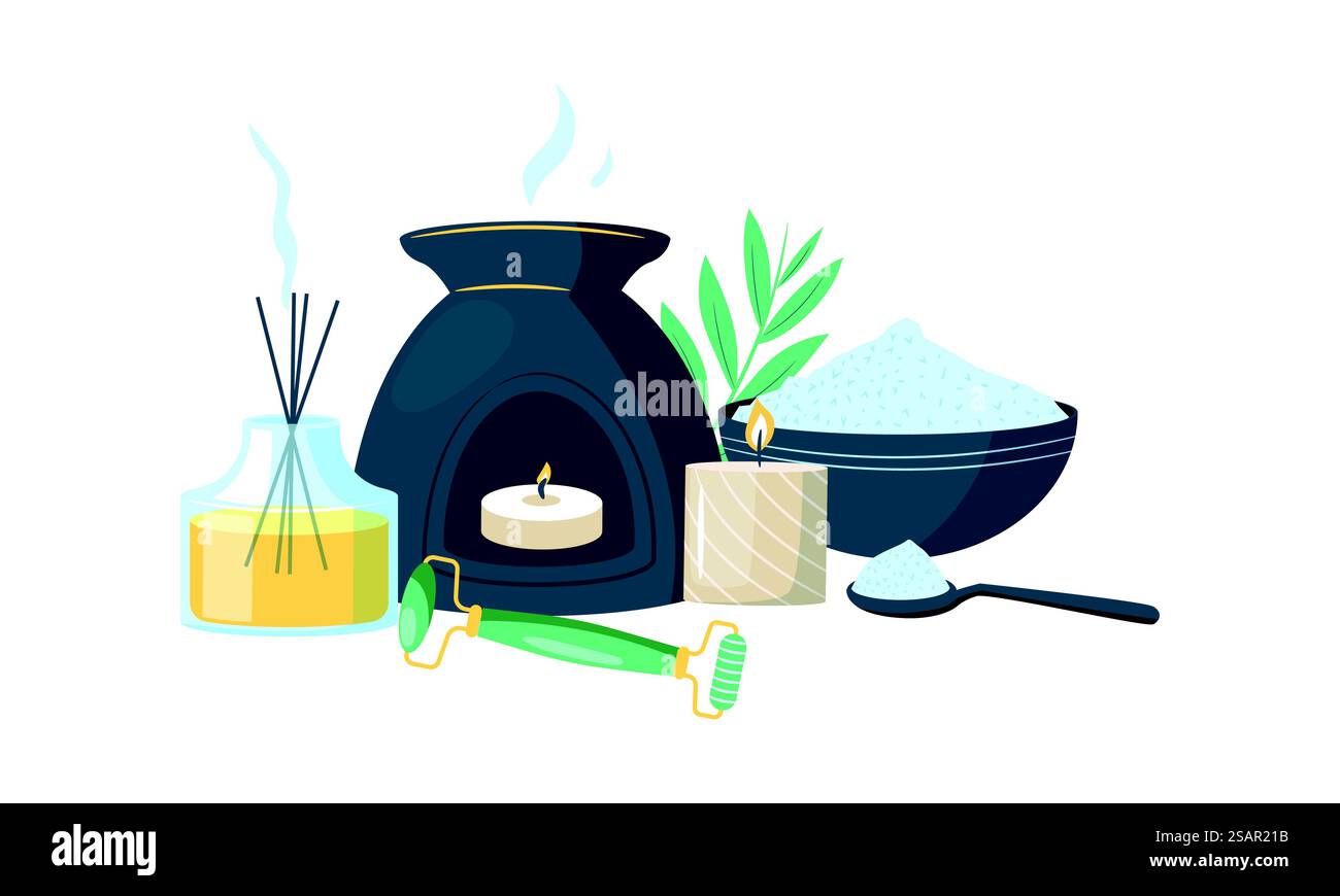 Composizione aromaterapica. Terapia con olio aromatico e candele profumate, relax naturale, concetto di salone termale aromaterapico. Illustrazione del set vettoriale di fragranze aromaterapiche a olio. Composizione aromaterapica. Terapia con olio aromatico e candele profumate, relax naturale, concetto di salone termale aromaterapico. Gruppo vettoriale Illustrazione Vettoriale