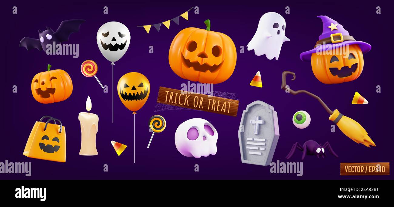Elementi decorativi vettoriali realistici di Halloween per il design di poster o banner Spooky. Zucche di Halloween, teschio, candela, fantasma bianco, tomba, CandyBat, ragno, mongolfiera con faccia malvagia e shopping bag di Halloween. Illustrazione Vettoriale