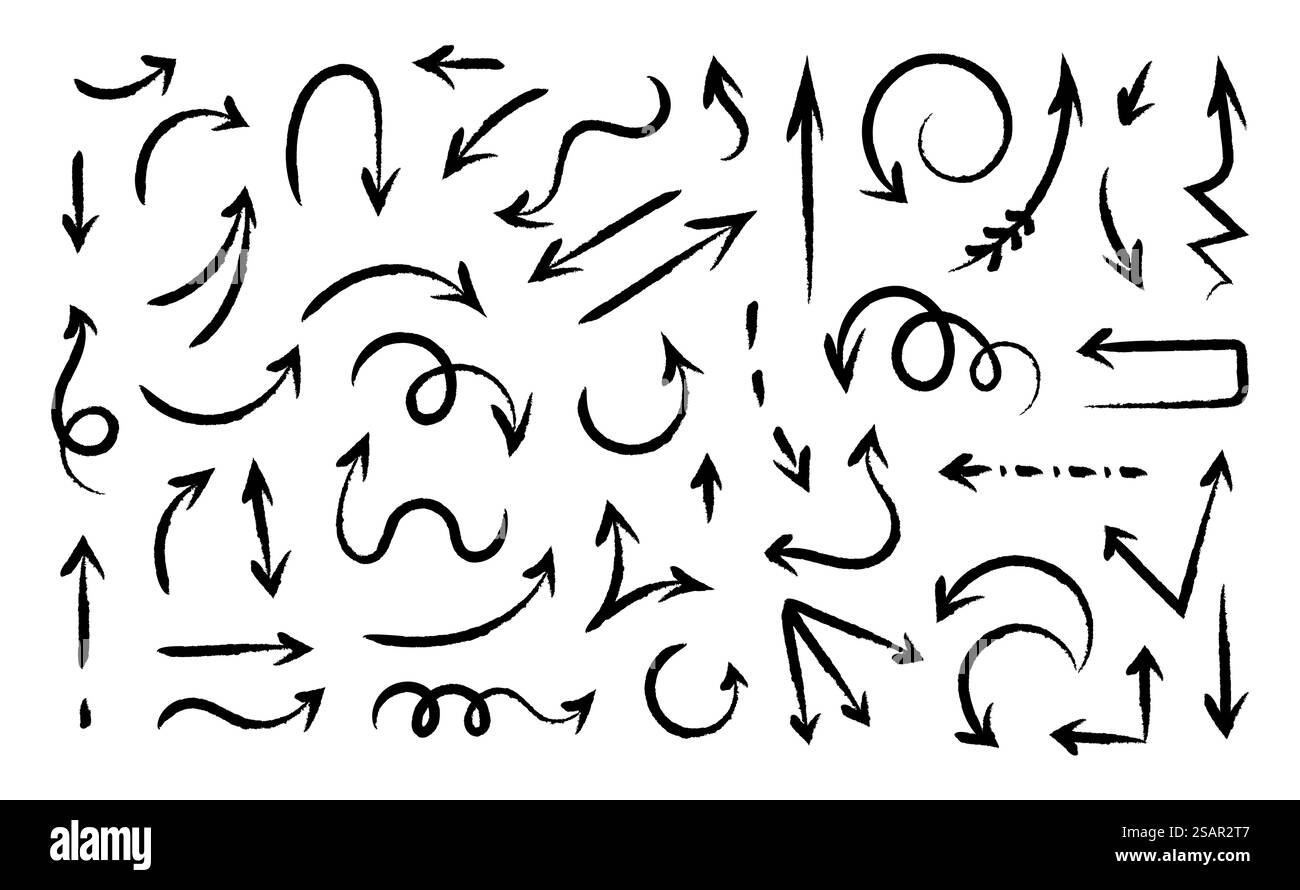 Frecce disegnate a mano. Schizzo pennello dei segni della curva di direzione. Puntatori neri astratti isolati a penna e matita. Simboli di svolta a sinistra e a destra. Set di icone geometriche di navigazione vettoriali Doodle. Frecce disegnate a mano. Schizzo pennello dei segnali di direzione. Puntatori astratti isolati a penna e matita. Simboli di svolta a sinistra e a destra. Set di icone geometriche di navigazione vettoriali Doodle Illustrazione Vettoriale