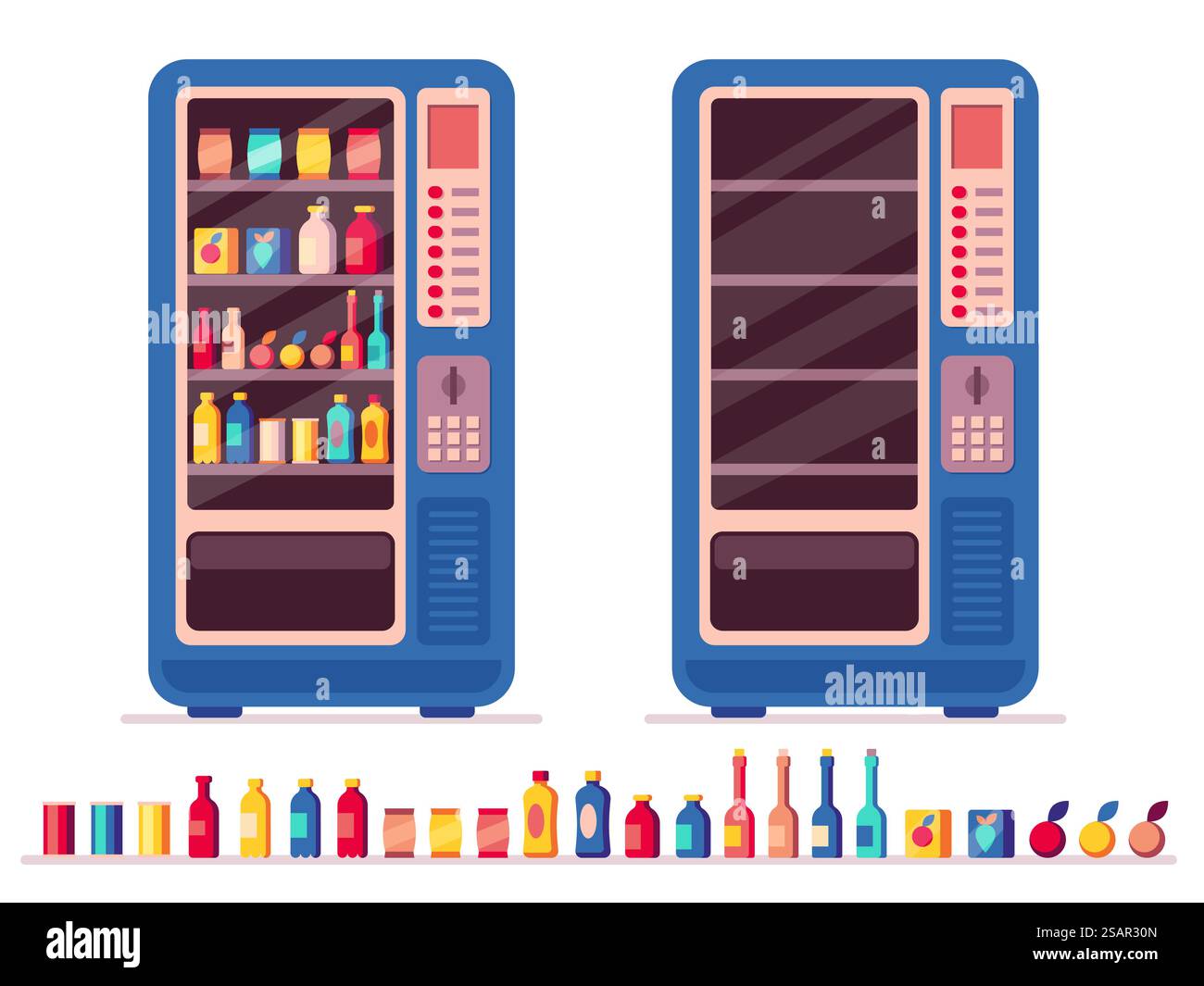 Distributore automatico completo. Distributore automatico di snack e bevande con snack e bevande, prodotti freschi freddi e caldi. Distributore vettoriale con snack e bevande. Comprare cibo e bevande. Distributore automatico completo. Distributore automatico di snack e bevande con snack e bevande, prodotti freschi freddi e caldi. Distributore vettoriale con snack e bevande Illustrazione Vettoriale
