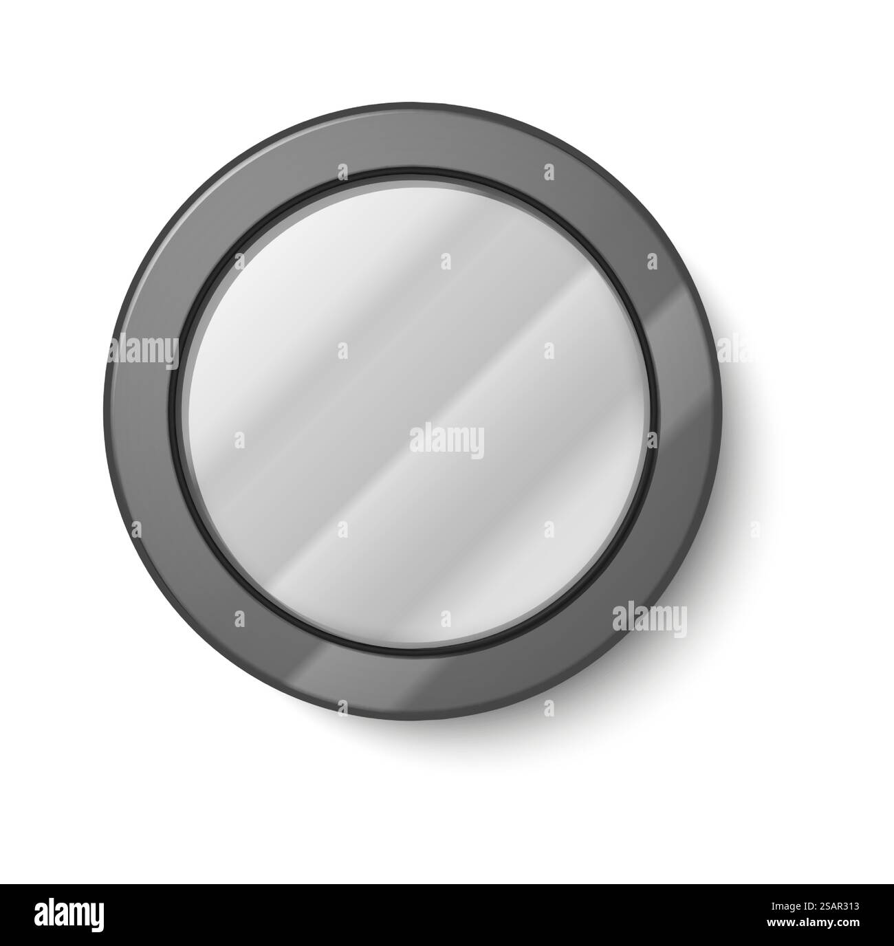 Specchio rotondo realistico. Forma circolare in vetro con telaio in metallo grigio. Appeso su una superficie riflettente sfocata della parete. Arredamento interno, modello per mobili isolati. Struttura moderna vettoriale. Specchio rotondo realistico. Forma circolare in vetro con telaio in metallo. Appeso su una superficie riflettente sfocata della parete. Arredamento interno, modello per mobili domestici. Struttura moderna vettoriale Illustrazione Vettoriale