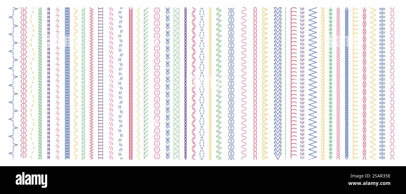 Cuciture colorate. Cuciture e ricami dritti variazioni incrociate, cuciture a pennello, bordi a zigzag e zag, decorazioni in tessuto. Set isolato vettoriale. Cucitura dettagliata o motivo sartoriale. Cuciture colorate. Cuciture e ricami dritti variazioni incrociate, cuciture a pennello, bordi a zigzag e zag, decorazioni in tessuto. Set isolato vettoriale Illustrazione Vettoriale