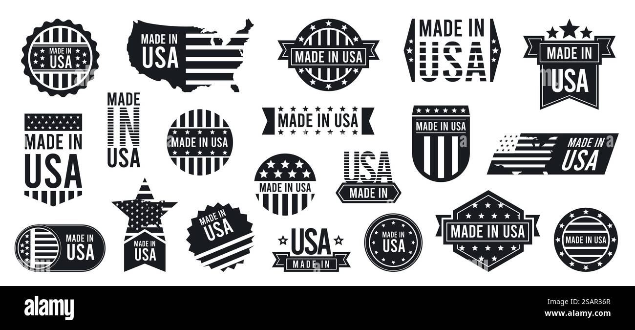 Prodotto negli Stati Uniti, graffette di colore nero. Francobollo retro americano con testo. Logo con testo e sigillo. Set vettoriale per la progettazione dell'etichetta di illustrazioni usa e americane. Prodotto negli Stati Uniti, graffette di colore nero. Francobollo retro americano con testo. Logo con testo e sigillo. Set di vettori per il disegno delle etichette Illustrazione Vettoriale