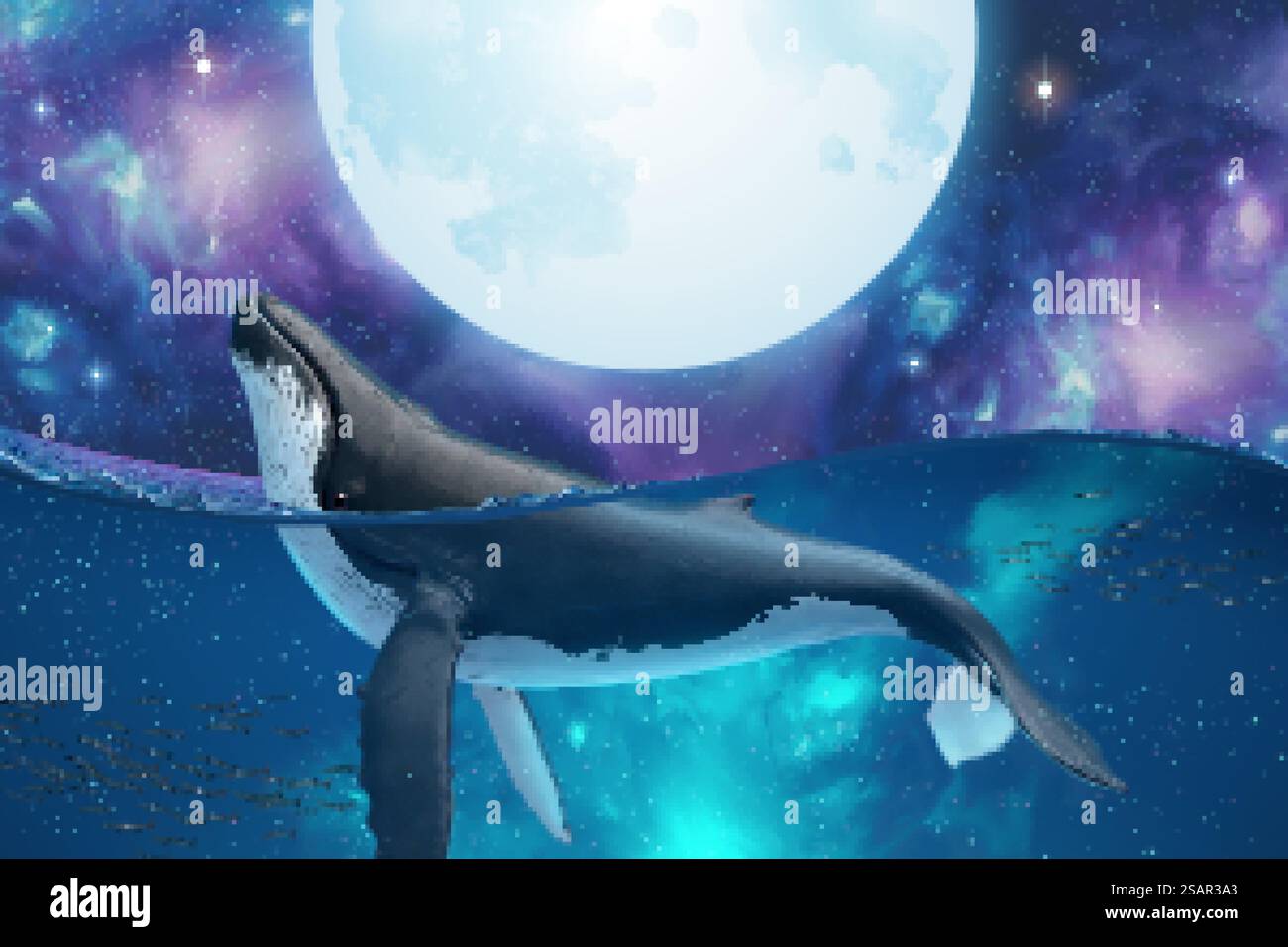 Scena surreale di avvistamento di megattere che saltano per guardare la super luna d'argento nel misterioso cosmo, illustrazione 3d. Balena megattere che spionano Illustrazione Vettoriale