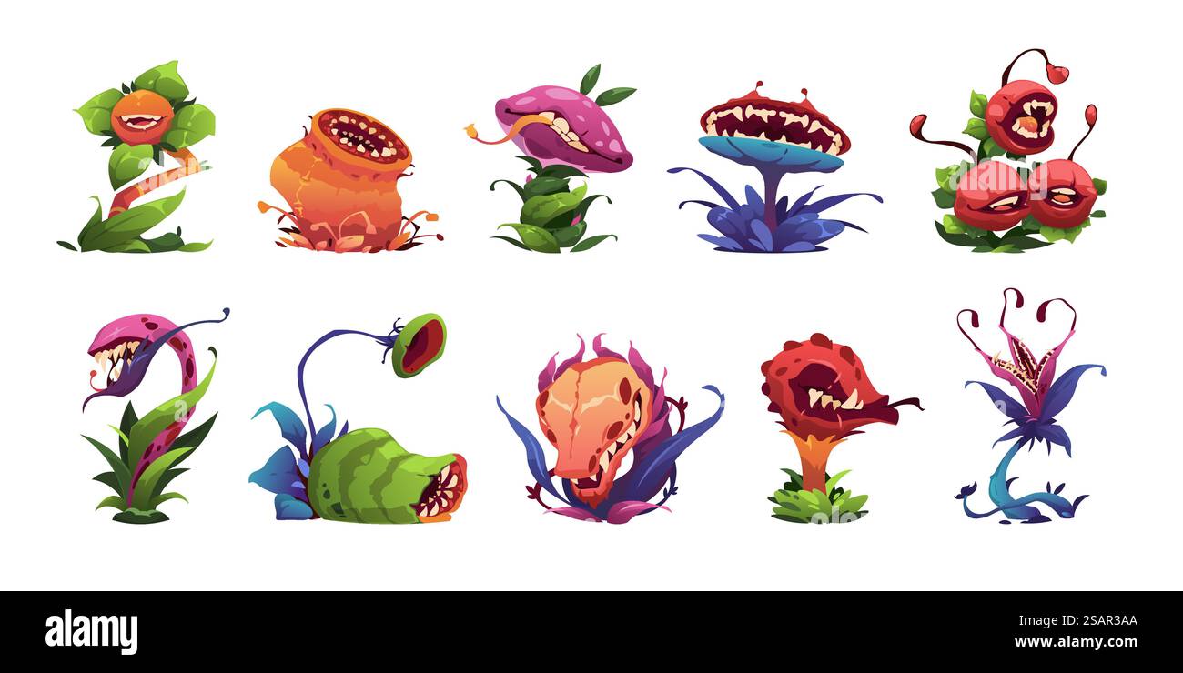 Piante mostruose. Cartoni animati spaventose piante carnivore, malvagie piante verdi aliene con denti e zanne, divertenti icone della flora delle mascotte animali. Serie vettoriale di mostri pianta immagine spaventosa. Piante mostruose. Cartoni animati spaventose piante carnivore, malvagie piante verdi aliene con denti e zanne, divertenti icone della flora delle mascotte animali. Gruppo vettoriale Illustrazione Vettoriale