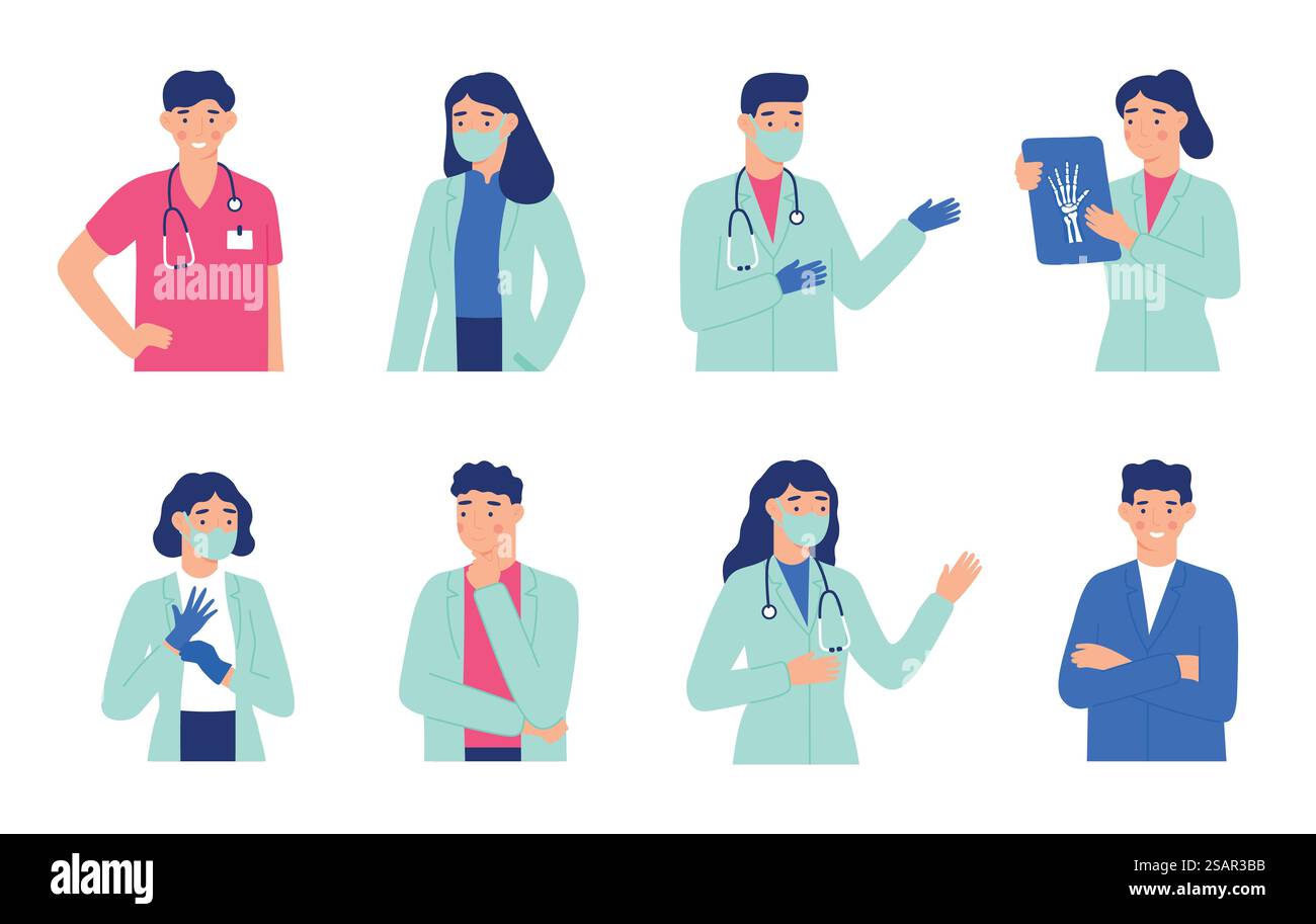 Personale ospedaliero. I dottori in ritratto cappotti bianchi. Vettore del personale medico ospedaliero, medico con stetoscopio, carattere professione uniforme illustrazione. Personale ospedaliero. I dottori in ritratto cappotti bianchi Illustrazione Vettoriale