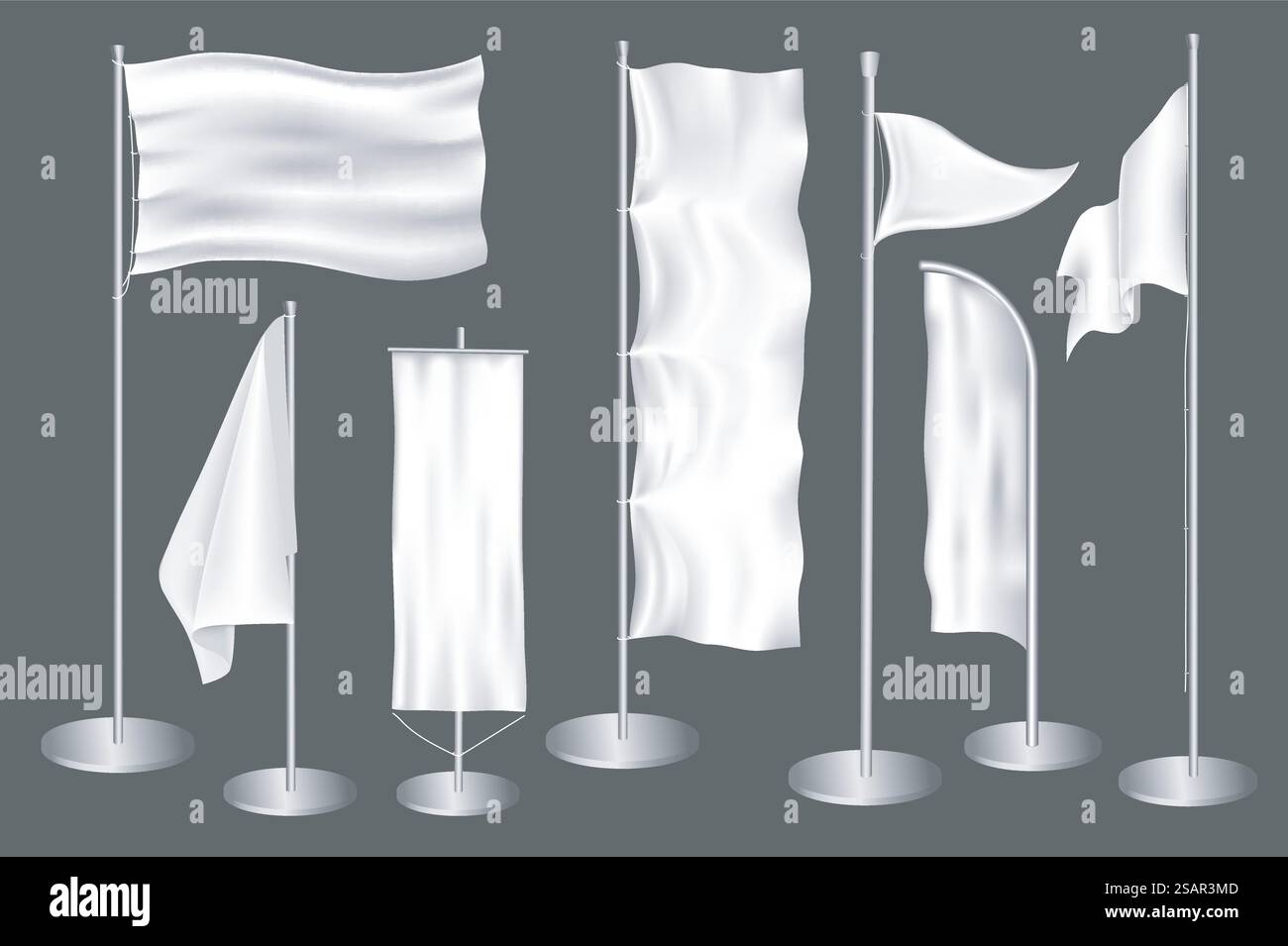 Mega set di striscioni per esterni con design realistico 3D. Impacchettare elementi di mockup bianchi vuoti di bandiere e poster su pali di acciaio per pubblicità e promozioni. Oggetti grafici isolati nell'illustrazione vettoriale Illustrazione Vettoriale