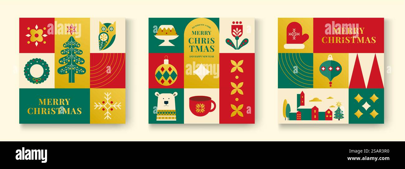 Set di semplice sfondo natalizio, elegante stile geometrico minimalista. Buon Natale e felice anno nuovo. Fiocchi di neve, decorazioni ed elementi di alberi di Natale. Design dal design retrò pulito Illustrazione Vettoriale