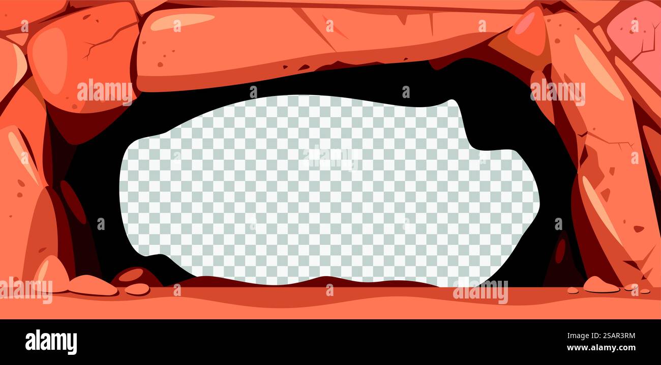Telaio grotta in pietra. Cava sotterranea della miniera con stalattite rossa e stalagmite, fantastico paesaggio preistorico con un vecchio tunnel di roccia. Set di cartoni animati vettoriali. Atterrare con una scenografia trasparente del foro. Telaio grotta in pietra. Cava sotterranea della miniera con stalattite rossa e stalagmite, fantastico paesaggio preistorico con un vecchio tunnel di roccia. Set di cartoni animati vettoriali Illustrazione Vettoriale