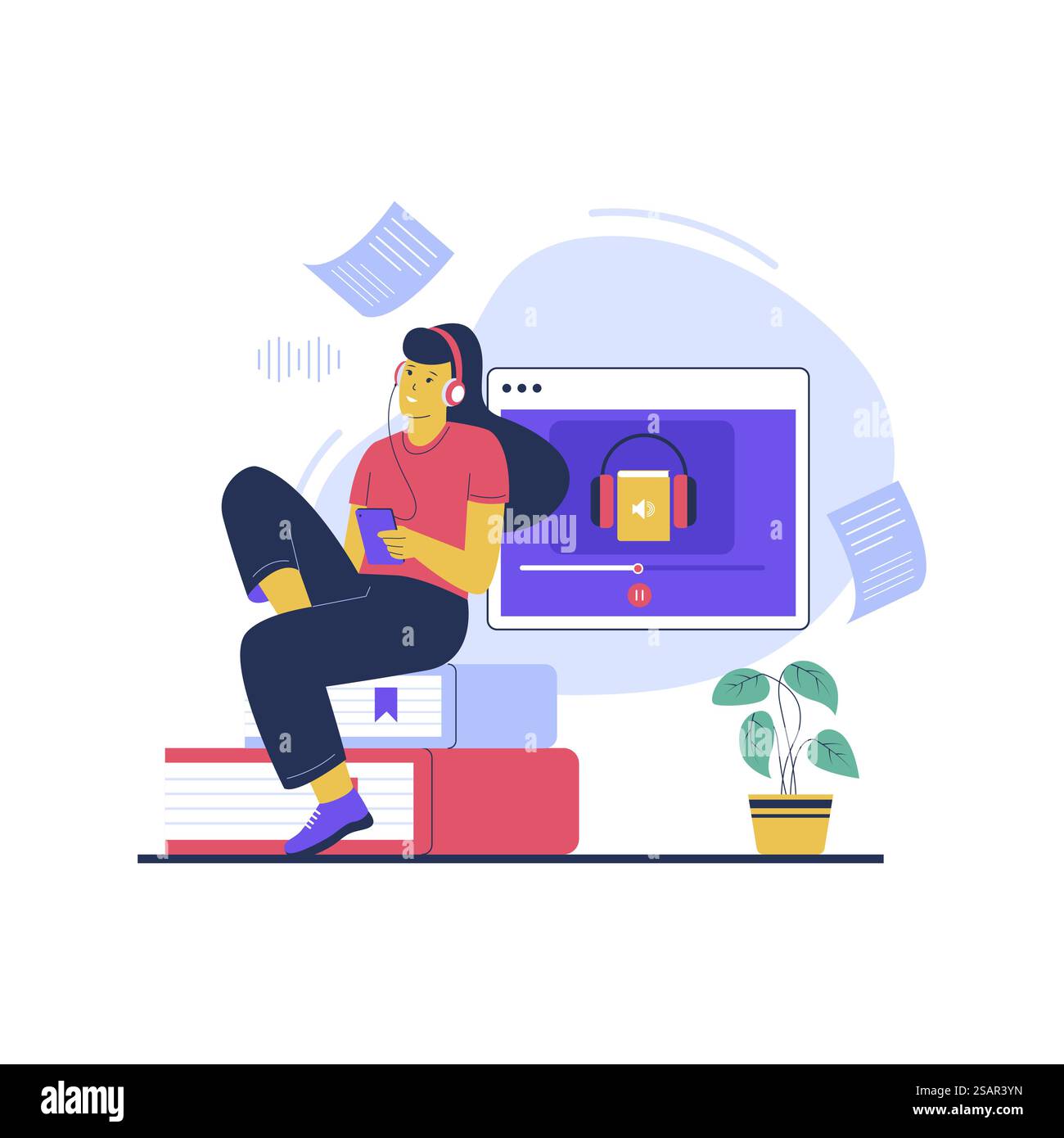 Vettore di donna che ascolta l'apprendimento online. Illustrazione vettoriale piatta isolata su sfondo bianco Illustrazione Vettoriale