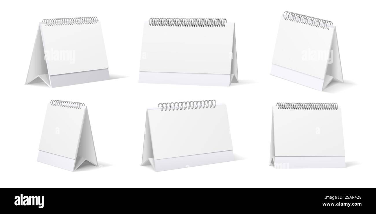 Calendario da scrivania. Modello realistico del supporto da tavolo con pagine di carta e molle a spirale. Set organizer 3D per ufficio. Visualizzazione da lati diversi su blocchi appunti vuoti isolati. Modello di cancelleria vettoriale per il branding. Calendario da scrivania. Modello realistico del supporto da tavolo con pagine e molle a spirale. Set organizer 3D per ufficio. Visualizzazione da lati diversi su blocchi appunti vuoti. Modello di cancelleria vettoriale per il branding Illustrazione Vettoriale
