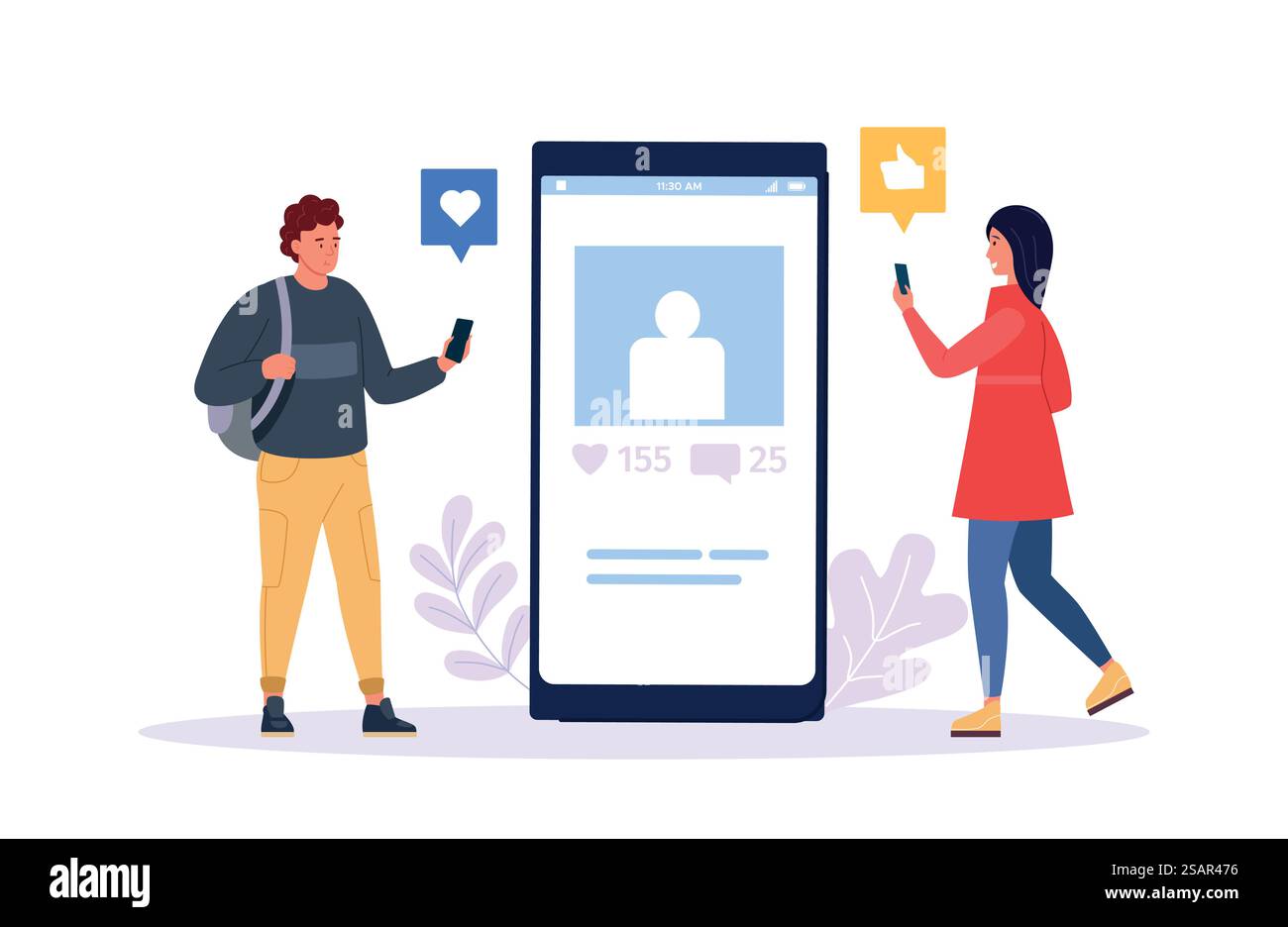 Marketing sui social media. Smartphone digitale con profilo virtuale, seguaci di uomini e donne che cliccano mi piace per scattare foto selfie. Dispositivo con applicazioni e utenti online, che condividono il vettore post. Marketing sui social media. Smartphone digitale con profilo virtuale, follower su uomo e donna che cliccano mi piace per i selfie Illustrazione Vettoriale
