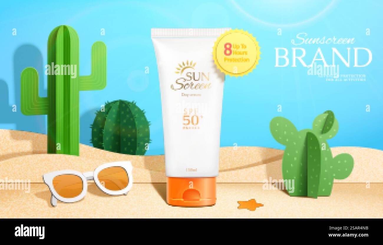 pubblicità con crema solare per il taglio di carta 3d. Immagine del prodotto anti-sole esposto sullo sfondo del deserto realizzato con carta. pubblicità con crema solare per il taglio di carta 3d. Illustrazione Vettoriale