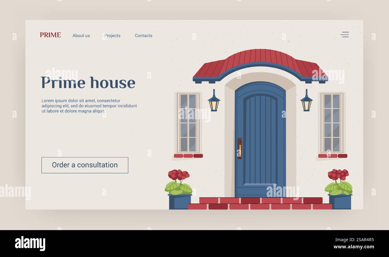 Pagina di atterraggio della porta. Progettazione dell'interfaccia del sito Web. Vendita di case di prima qualità. Facciata dell'edificio residenziale Cartoon con porta e portico. Agenzia immobiliare e acquisto di immobili di prima qualità. Modello interfaccia utente Web vettoriale. Pagina di atterraggio della porta. Progettazione dell'interfaccia del sito Web. Vendita di case di prima qualità. Facciata dell'edificio residenziale Cartoon con porta e portico. Agenzia immobiliare e acquisto di proprietà. Modello interfaccia utente vettoriale Illustrazione Vettoriale
