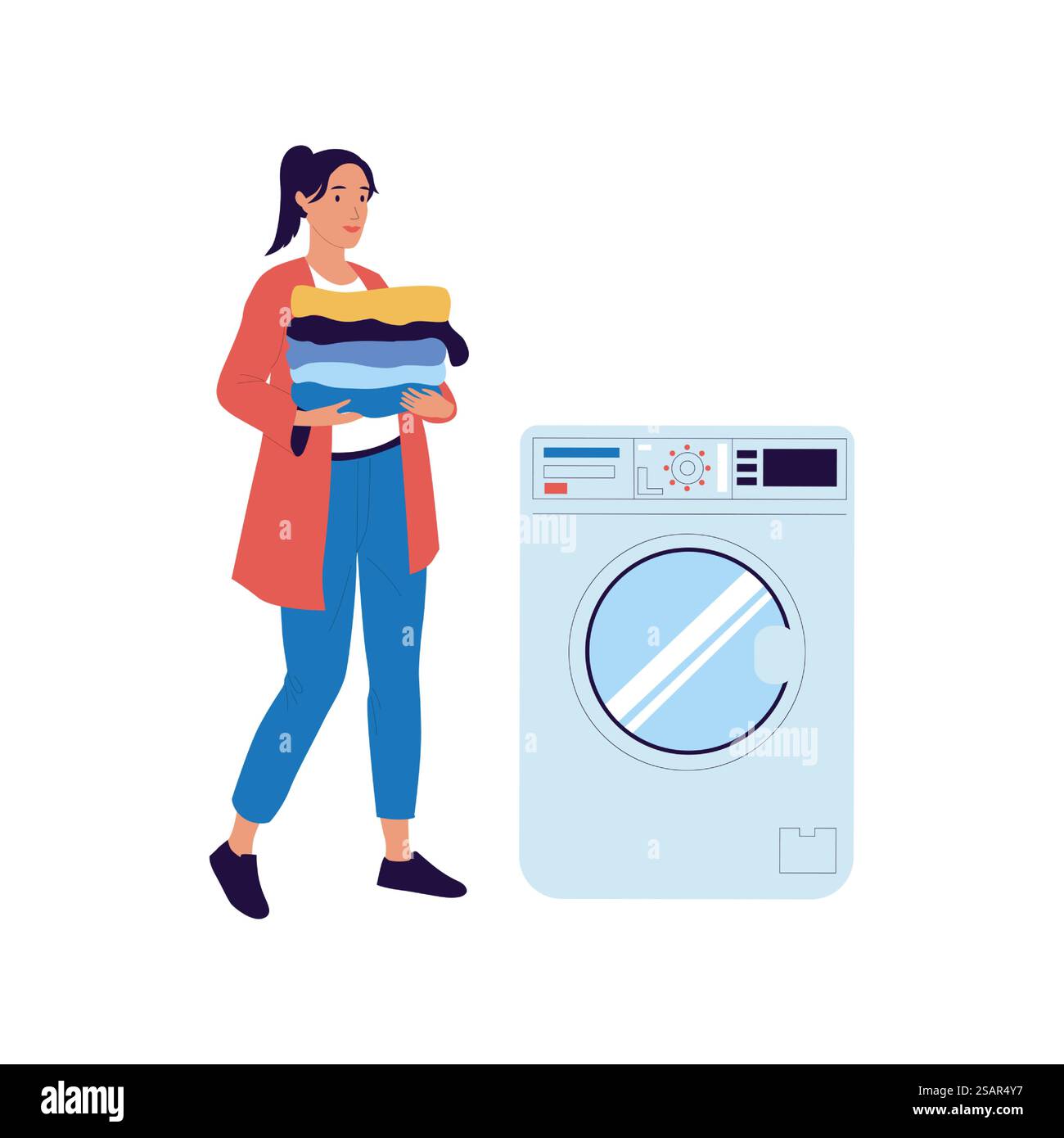 La donna porta le cose alla lavatrice. Cartoni animati femminili che tengono una pila di indumenti puliti. Attrezzature per lavanderia. Bella casalinga che carica i vestiti in lavatrice. Elettrodomestici elettrici. Pulizia vettoriale. La donna porta le cose alla lavatrice. Donna che tiene una pila di indumenti puliti. Attrezzature per lavanderia. Casalinga che carica i vestiti in lavatrice. Elettrodomestici elettrici. Pulizia vettoriale Illustrazione Vettoriale