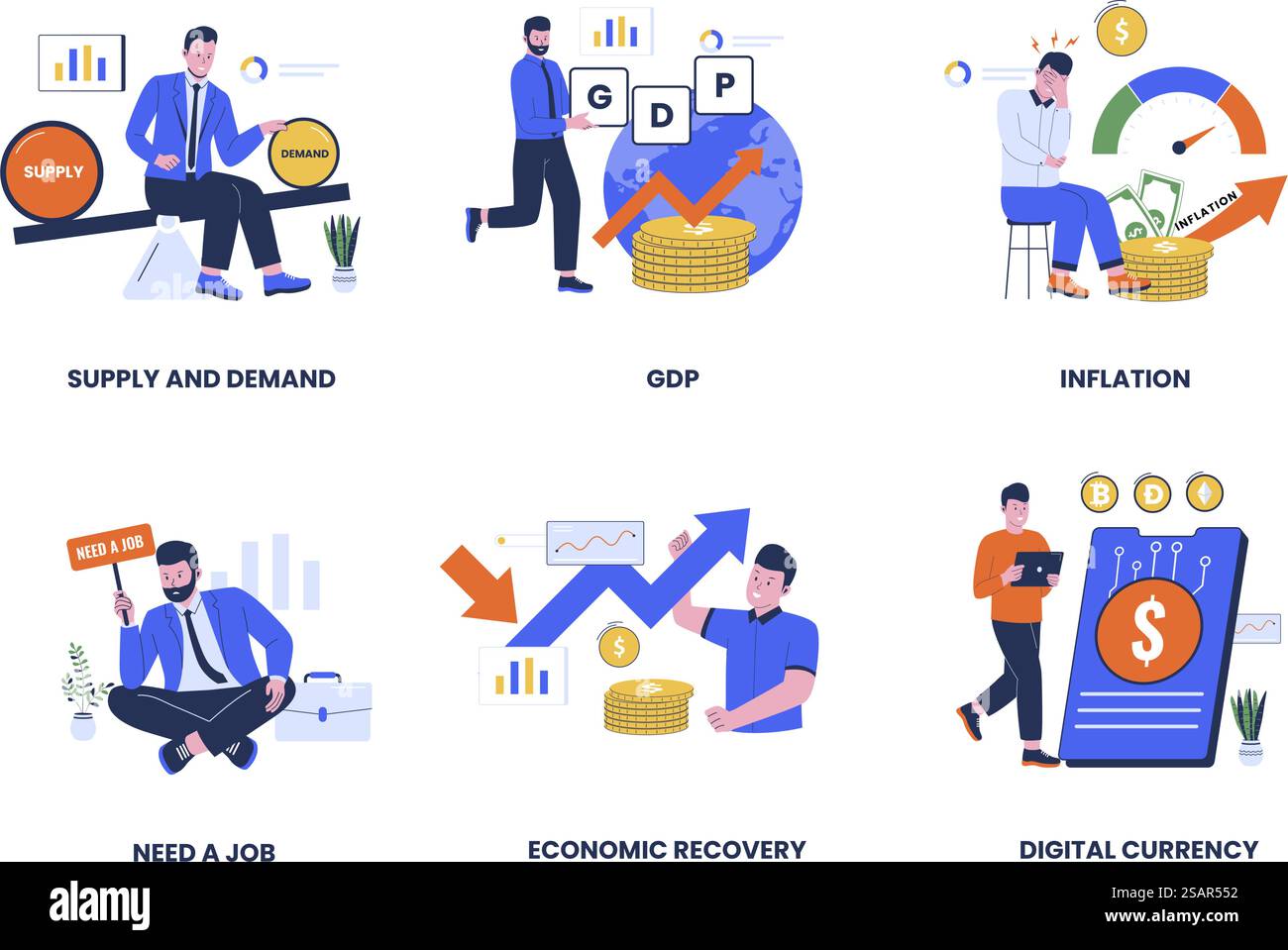 Set di illustrazioni per lo sviluppo dell'economia globale. Offerta e domanda, prodotto interno lordo, inflazione, ripresa economica, disoccupazione. Illustrazione del design piatto Illustrazione Vettoriale