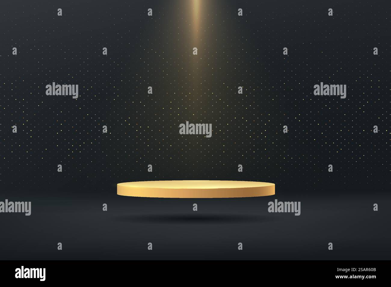 Piedistallo dorato che galleggia sull'aria con riflettore. Scenografia minimale con scintillio dorato lucido. Lusso ed eleganza. Camera nera astratta. Rappresentazione vettoriale della forma 3d per la presentazione della visualizzazione del prodotto. Illustrazione Vettoriale