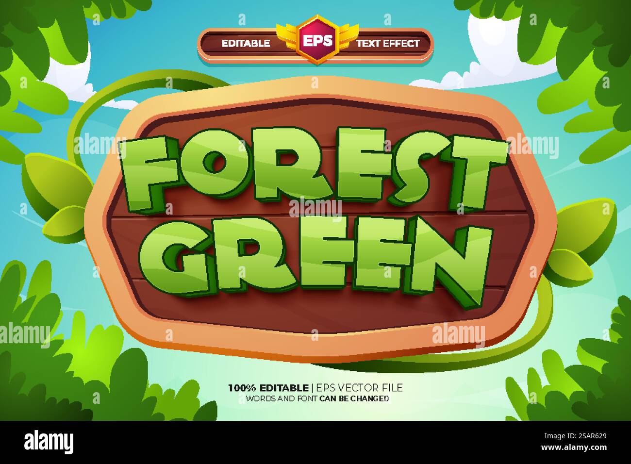 Stile effetto testo modificabile 3D fumetto verde foresta di foglie fumetti tittle Illustrazione Vettoriale