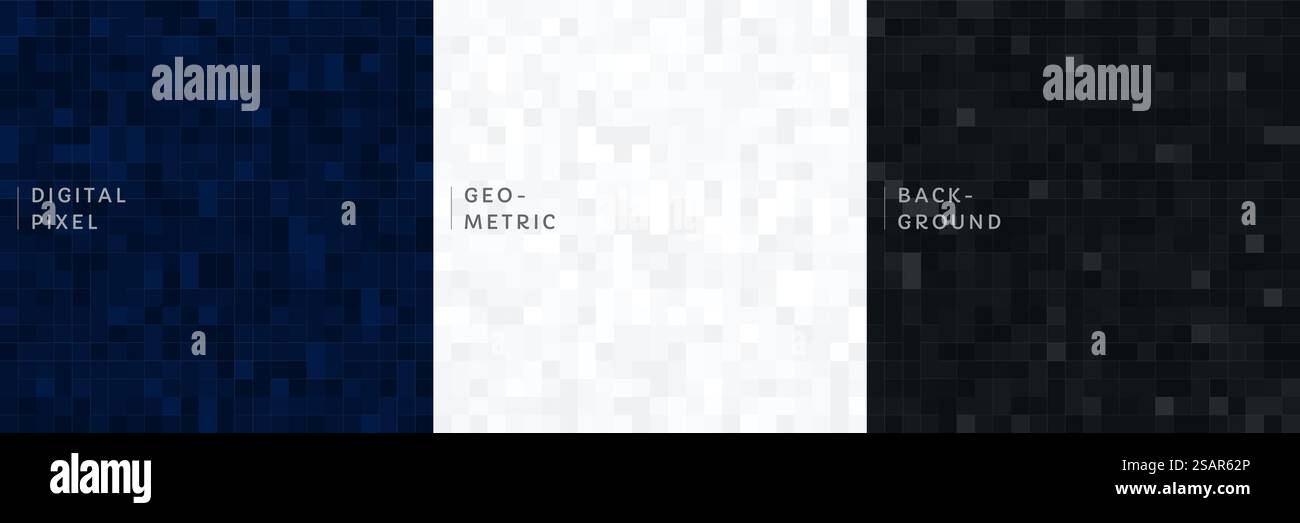 Set di banner a colori bianco, blu e nero con tecnologia astratta. Moderno e alla moda colore forma quadrata geometrica sullo sfondo con spazio per le copie. Raccolta di futuristici pixel pattern. Vettore EPS10 Illustrazione Vettoriale