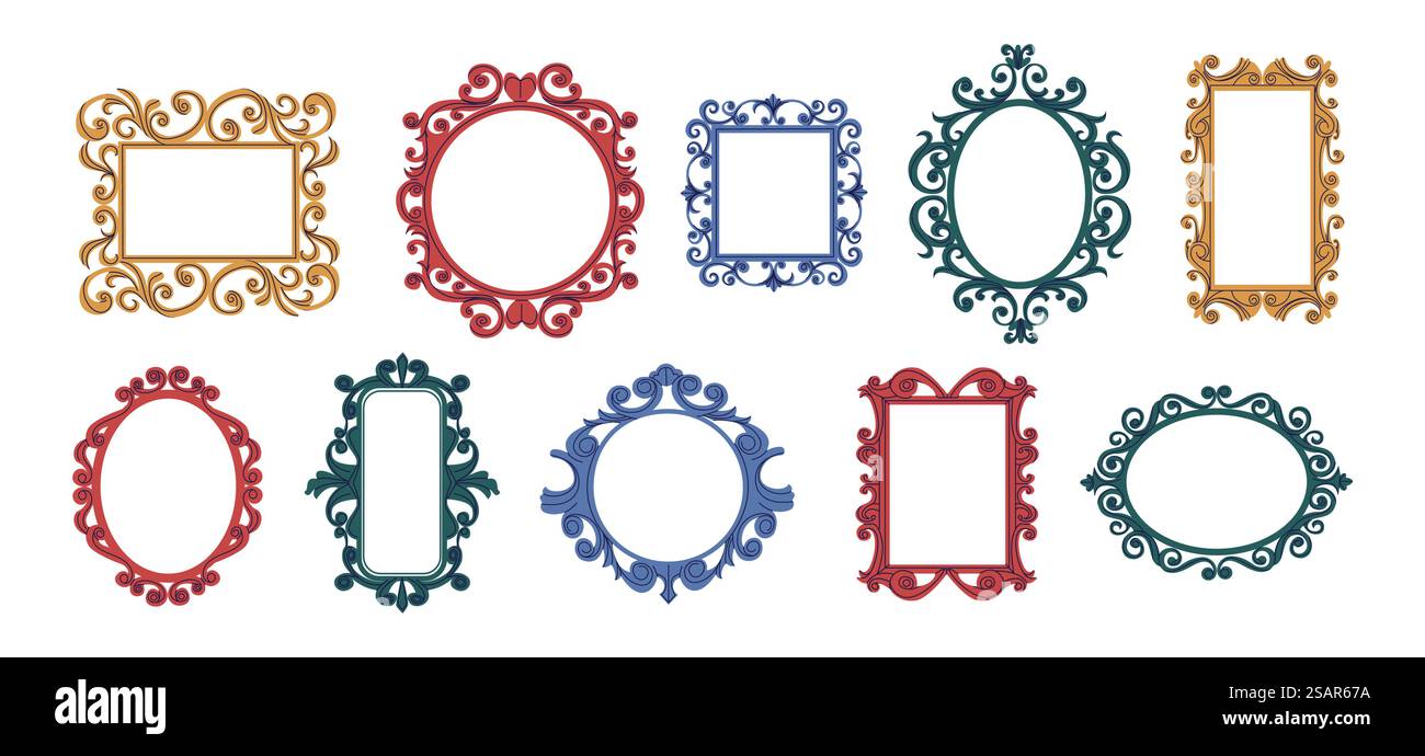 Montature a doodle alla moda. Collezione di cornici ricci decorative contemporanee per specchi e citazioni. Elegante mockup vintage con bordi rotondi o quadrati disegnati a mano. Set di cornici ornate interne vuote vettoriali. Montature a doodle alla moda. Collezione di cornici ricci decorative contemporanee per specchi e citazioni. Eleganti bordi squadrati o rotondi vintage disegnati a mano. Set di quadri interni vuoti vettoriali Illustrazione Vettoriale