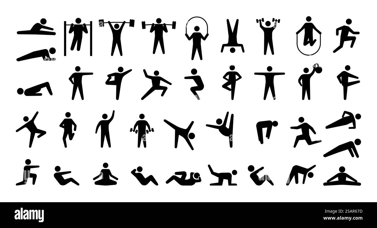 Icone dello sport umano. Sagome dei formatori. Segni neri isolati di persone che fanno esercizi di fitness e sollevamento pesi o praticano yoga. Allenamento di stretching o bodybuilding. Set di simboli vettoriali. Icone dello sport umano. Sagome dei formatori. Segni di persone che fanno esercizi di fitness e sollevamento pesi o praticano yoga. Allenamento di stretching o bodybuilding. Set di simboli vettoriali Illustrazione Vettoriale