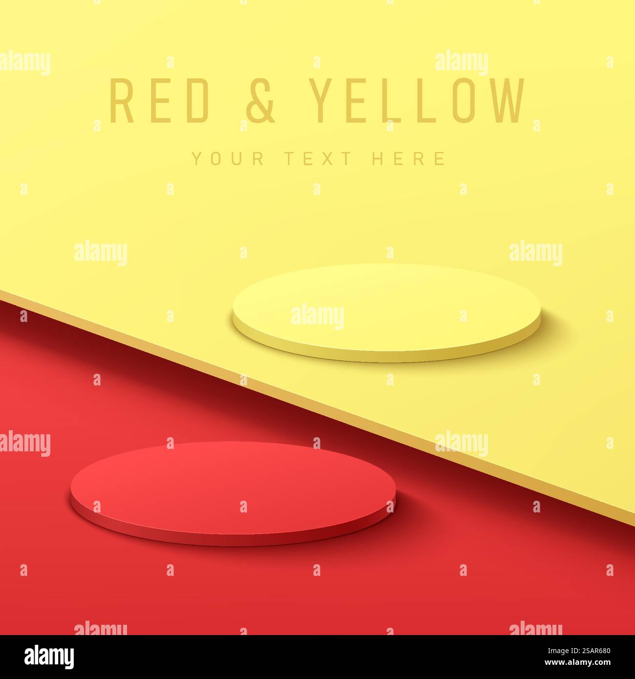 Podio cilindro 3D rosso e giallo astratto su sfondo a contrasto rosso e giallo con spazio di copia. Rendering vettoriale progettazione geometrica minima della piattaforma per la presentazione di prodotti cosmetici. Illustrazione Vettoriale