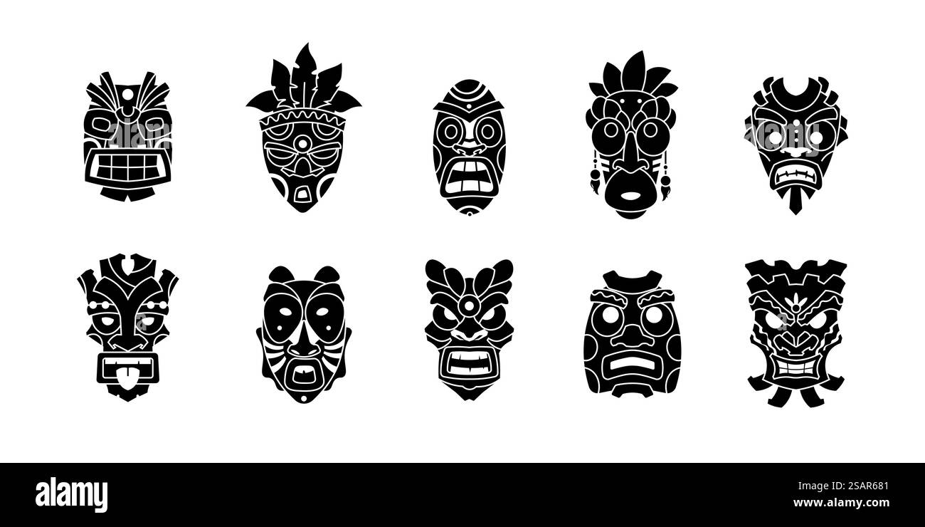 Maschera per la testa hawaiana. Collezione totem Tiki Black. Sagoma rituale tribale della scultura. god Face monocromatico. Le icone etniche religiose si fanno beffe. Idoli aborigeni isolati. Tatuaggio indigeno. Set esotico vettoriale. Maschera per la testa hawaiana. Collezione totem Tiki. Sagoma rituale tribale della scultura. god Face monocromatico. Icone etniche religiose. Idoli aborigeni isolati. Tatuaggio indigeno. Set esotico vettoriale Illustrazione Vettoriale