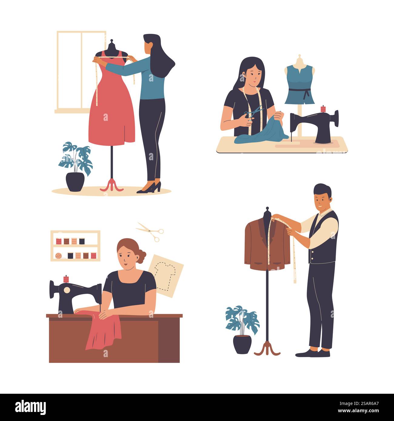 Set di illustrazioni personalizzate. Cucito da sartoria, sartoria firmata. Illustrazione vettoriale piatta Illustrazione Vettoriale