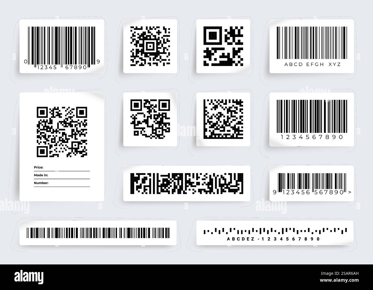 Etichetta con codice QR. Etichette di scansione del prezzo del prodotto con codice a barre. Informazioni sui dati digitali. Fogli di carta bianca adesivi realistici. Icone grafiche per l'identificazione dell'inventario delle merci. Set di adesivi per vendita al dettaglio isolati vettoriali. Etichetta con codice QR. Etichette di scansione del prezzo del prodotto con codice a barre. Informazioni sui dati digitali. Fogli di carta adesiva realistici. Icone grafiche per l'identificazione dell'inventario delle merci. Set di adesivi vettoriali per la vendita al dettaglio Illustrazione Vettoriale
